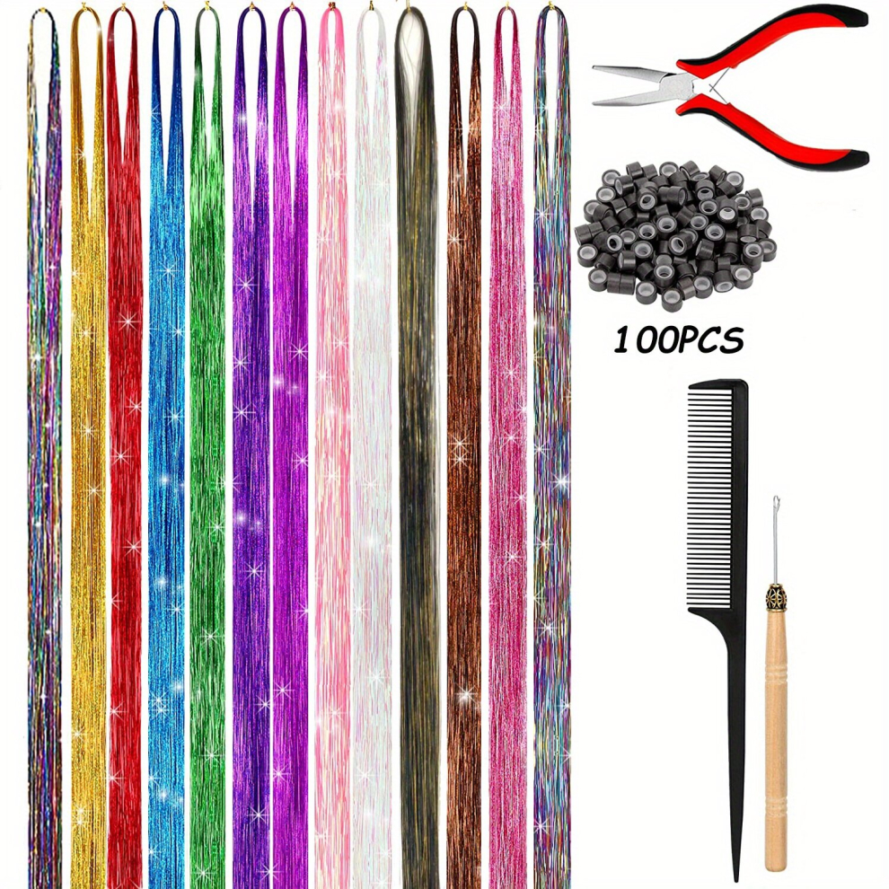 Unisex Multicoloured 13Pcs Party Highlight Long Straight Tinsel Hair Synthetic Extensions With Tulle Glitter Hair Extensions Sparkly Tinsel Hair Colorful Fairy Hair Tinsel