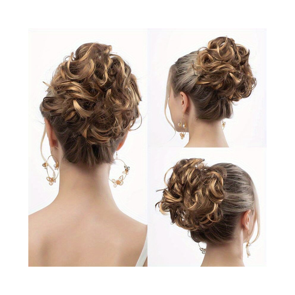 Unisex Brown Messy Bun Hair Piece Synthetic Tousled Updo Hair Extensions Messy Curly Wavy Hair Bun For Women Girls
