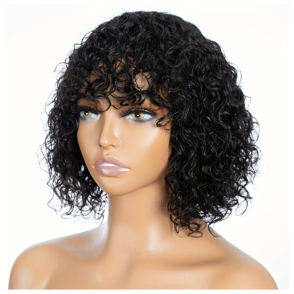 Shoulder Length Curly Human Hair Wig Wih Bangs 180 Density 25 For Women