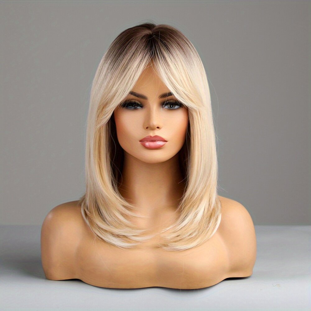 Blonde Ombre Short Straight Layered Wig With Bangs Synthetic Wig Beginners Friendly Heat Resistant