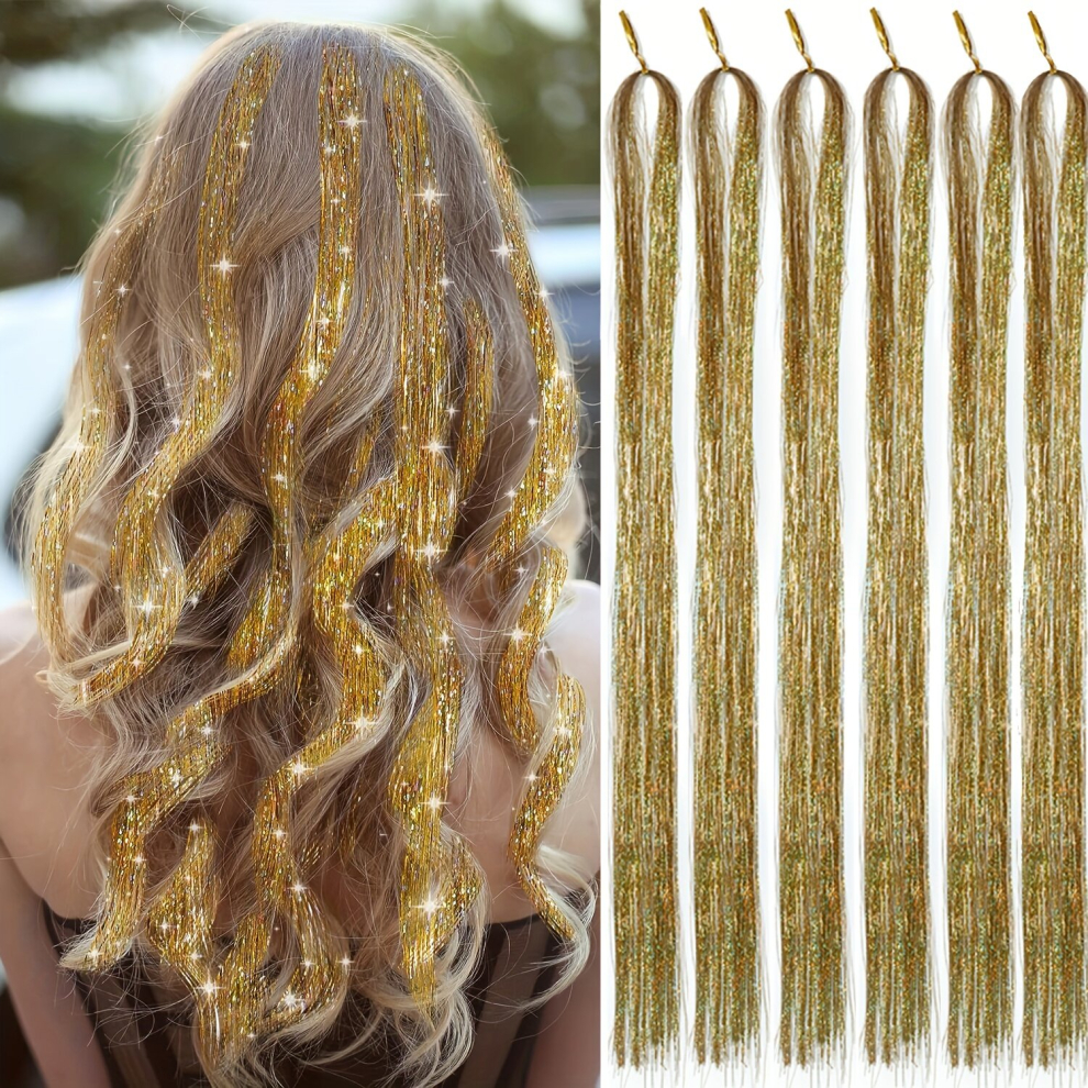 Unisex Multicoloured Hair Tinsel Kit With Tool 6Pcs 1200 Strands Hair Tinsel Heat Resistant Tinsel Hair Extensions Fairy Hair Sparkling Glitter Hair Extensions For Women G