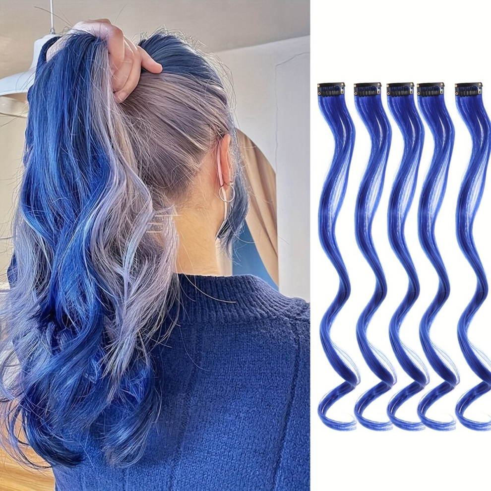 5Pcs Colored Hair Extensions Party Highlights Curly Wavy Hairpiece Clip In Synthetic Streak For Girls Women Halloween Party Wig