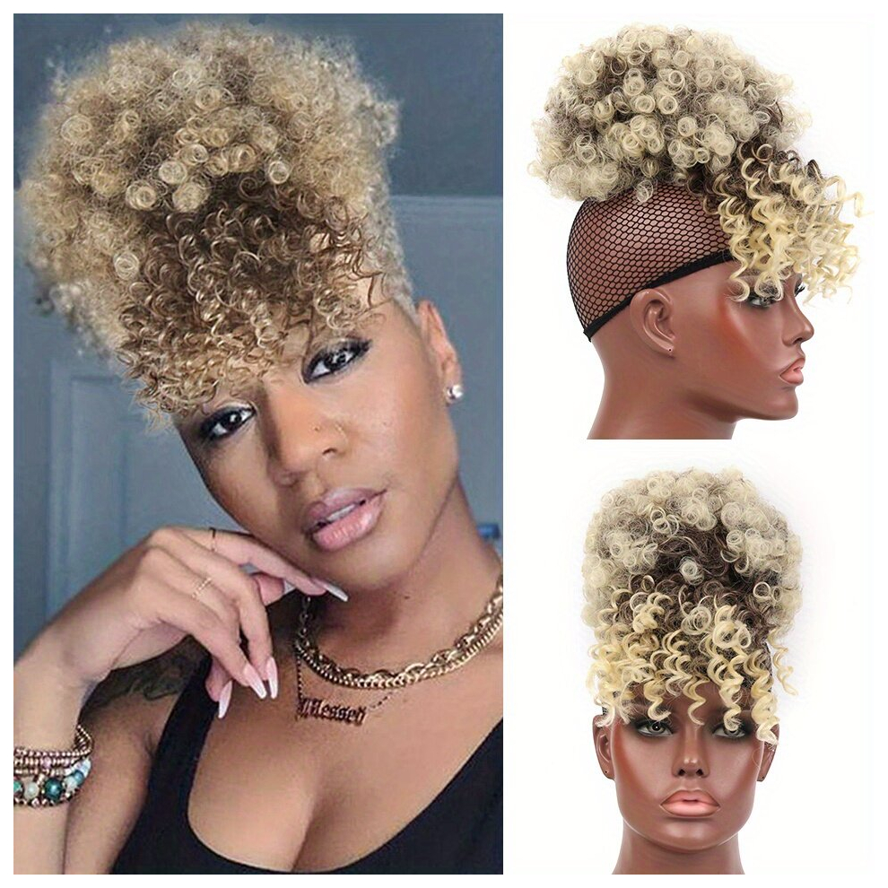Short Kinky Curly Chignon With Bangs Synthetic Hair Bun Drawstring Ponytail Extensions Afro Puff Hair Pieces For Women Girls Clip Hair Extensions