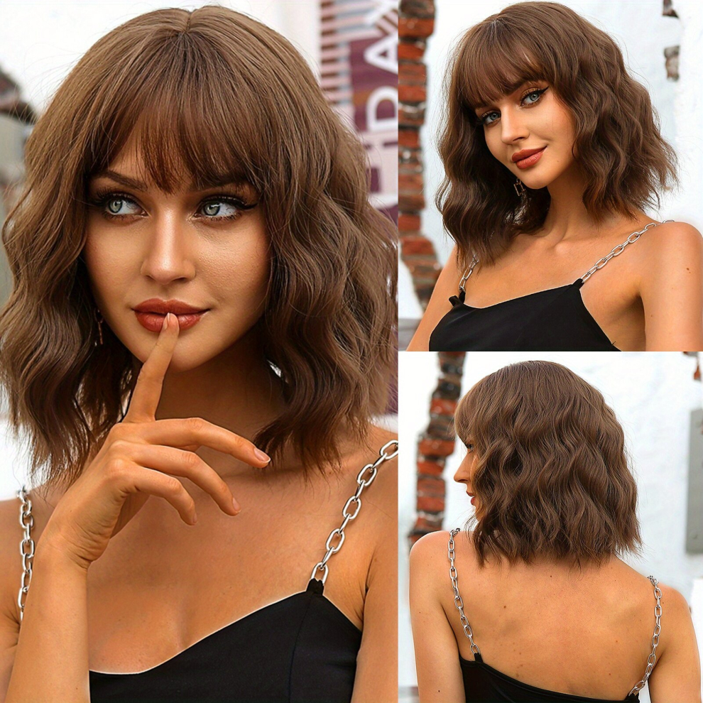Unisex Brown 35 56 Cm Long Curly Wavy Wigs With Bangs Female Synthetic Hair Replacement Wigs For Daily Party Cospaly Halloween Use