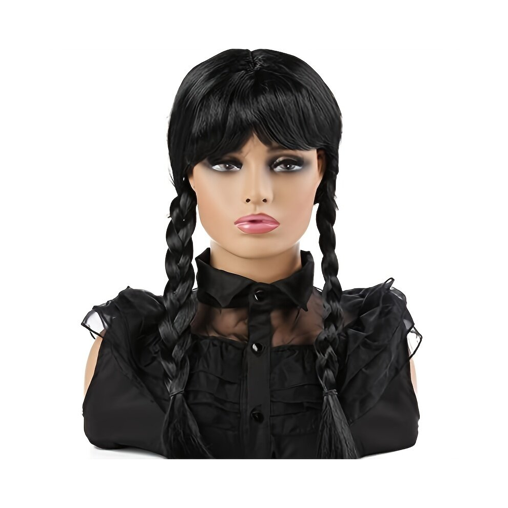 Unisex Black Costume Wigs Long Wig With Bangs 2 Braided Pigtails Synthetic Wig Cosplay Wig For Halloween Cosplay Party
