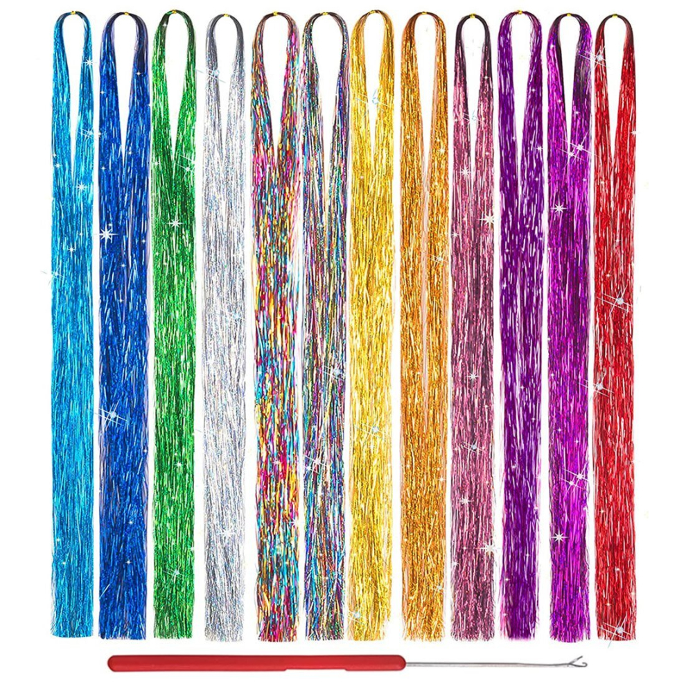 119 38 Cm Tinsel Hair Extension With Tool 2400 Strands 12 Mixed Colors Hair Extension Tinsel Kit Glitter Hair Extensions For Women Girls Hair Accessor