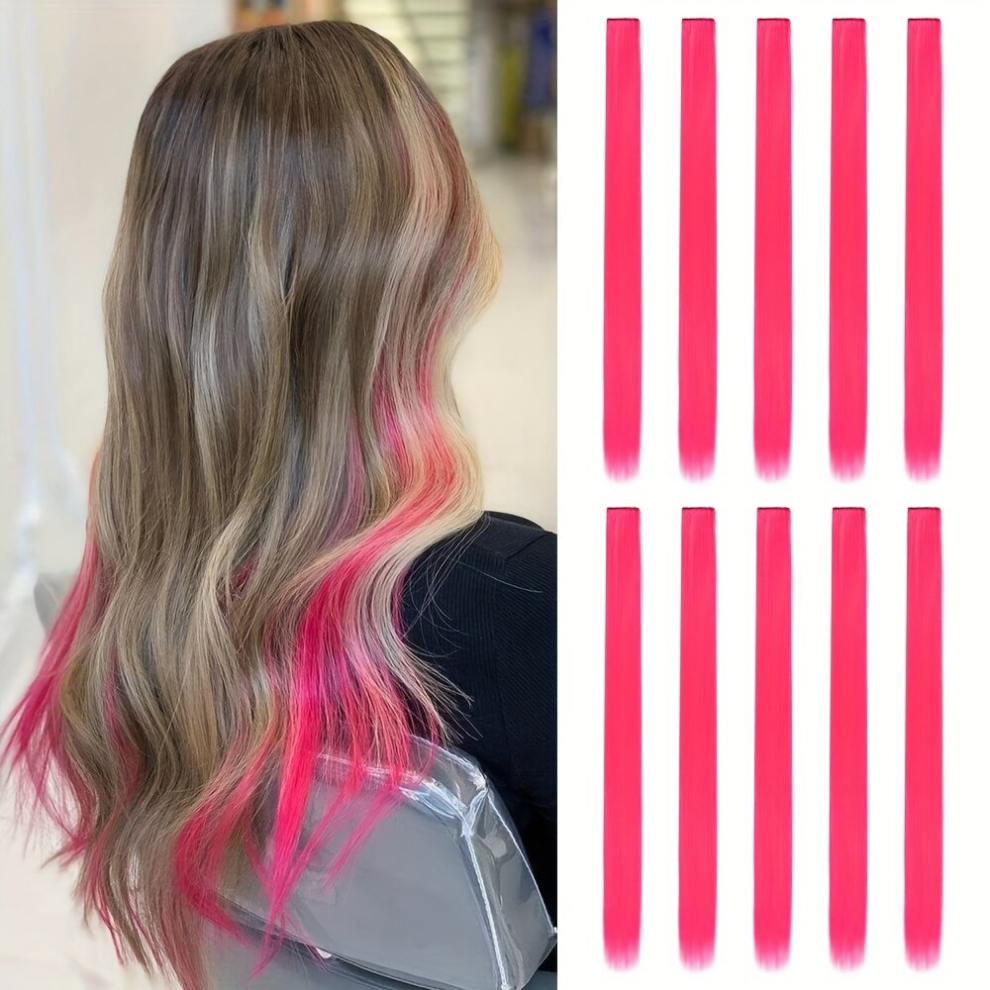 Unisex Pink 20 Inch Colored Clip In Hair Extensions 10Pcs Straight Hair Synthetic Hairpieces For Party Highlight