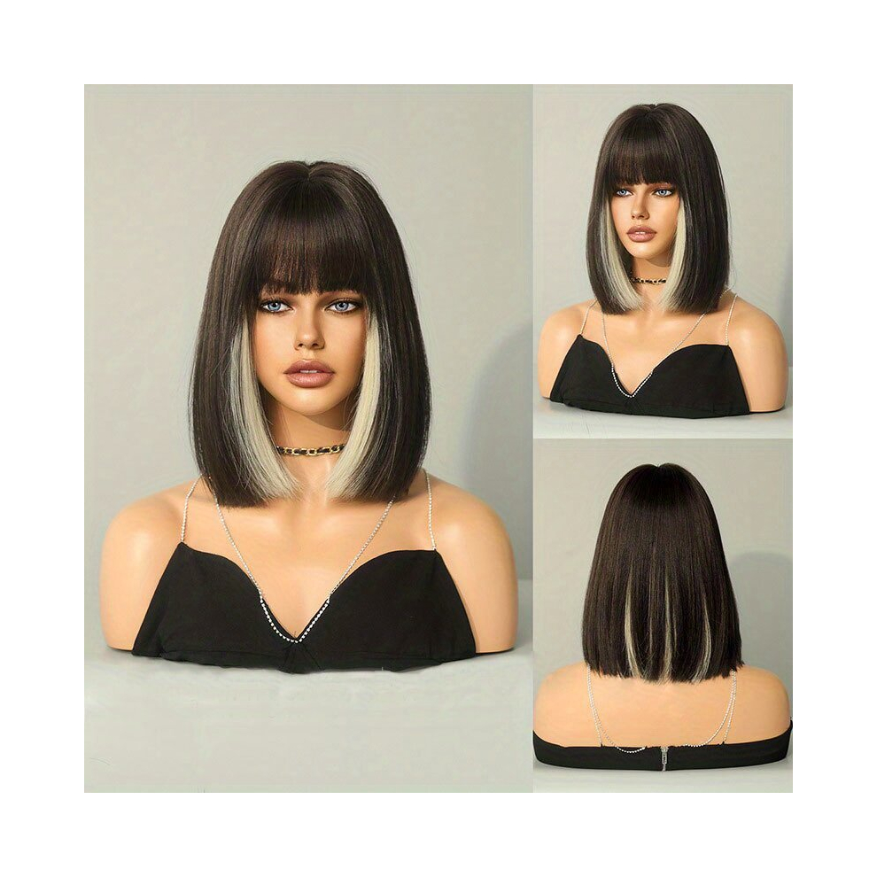 Unisex Multicoloured Short Straight Bob Wigs With Bangs Mixed Blonde Synthetic Shoulder Length Highlight Wig For Women Daily Party Cosplay Used