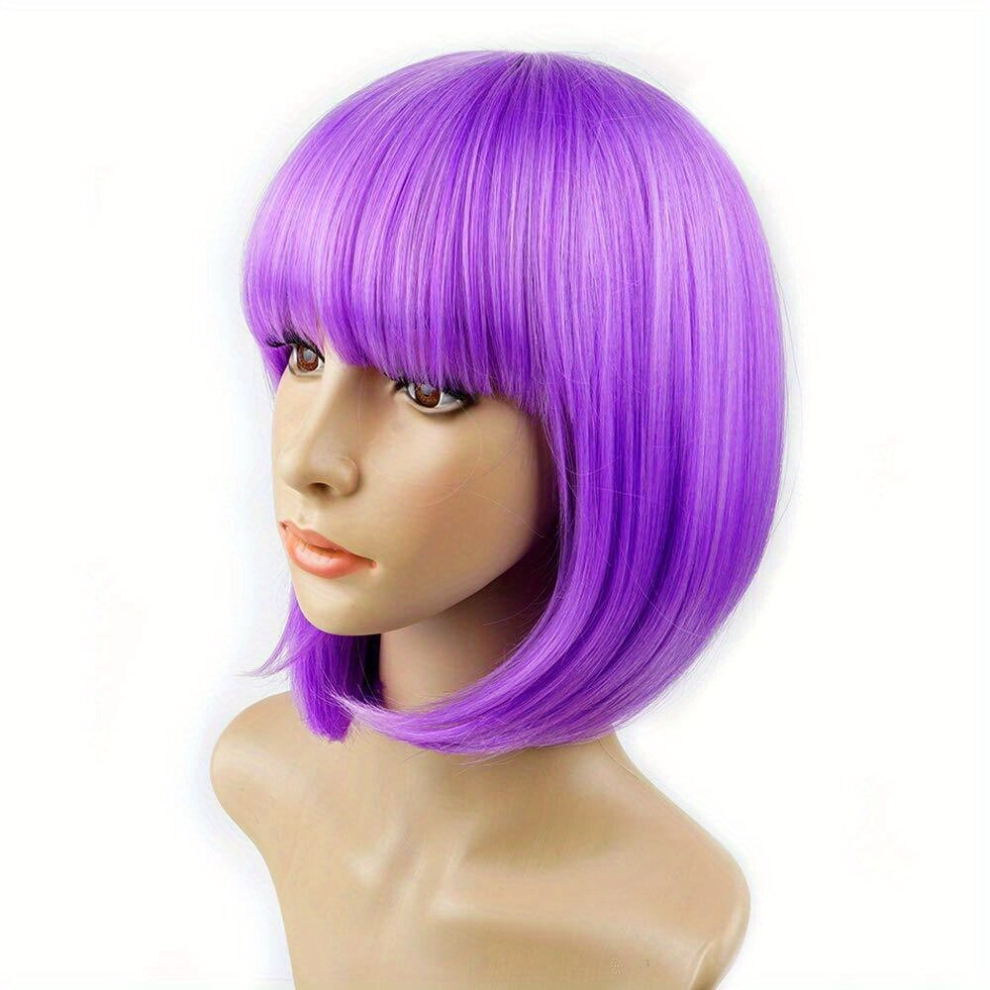 Unisex Purple Costume Wigs Short Straight Bob Wig With Bangs Synthetic Wig Anime Cosplay Wig For Halloween Cosplay Party