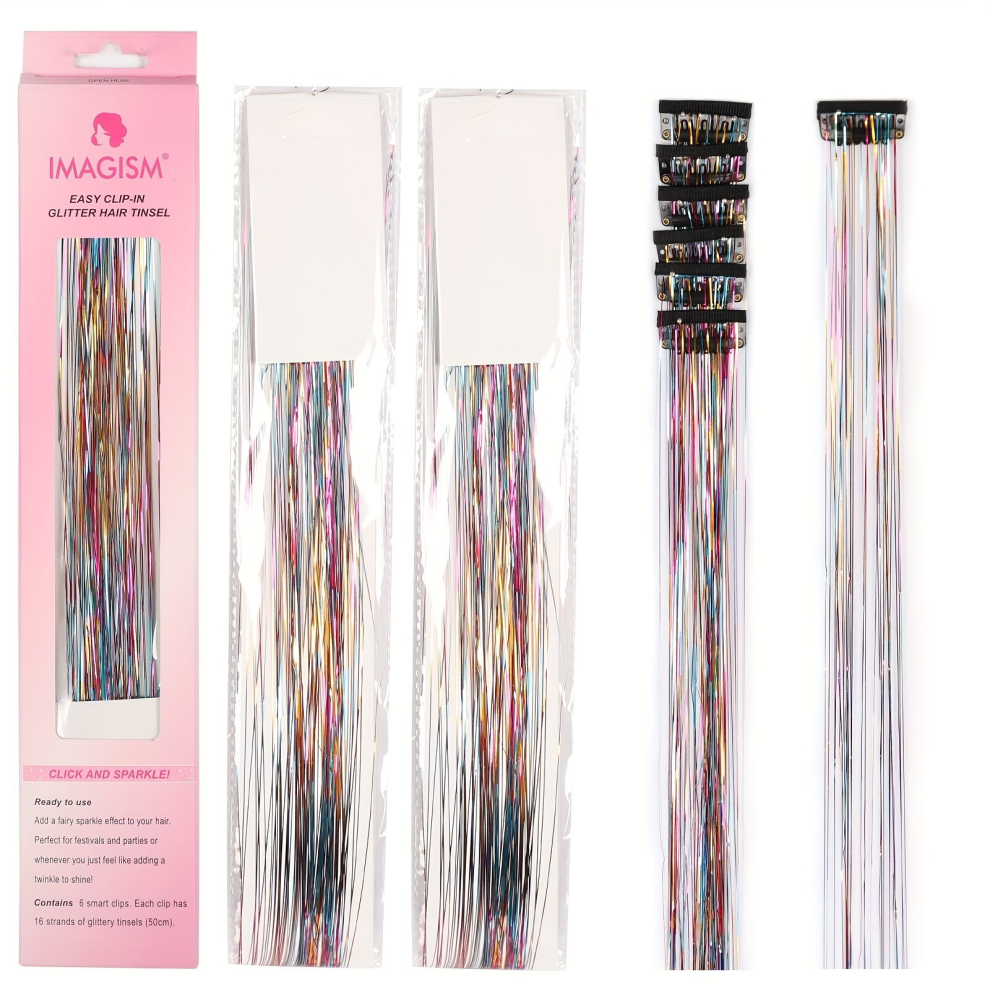 6pcs Y2K Tinsel Clip In Hair Extension 50 Sparkle Glitter Rainbow Colored Synthetic Clip In Hair Extensions For Christmas Year Halloween Cosplay Party