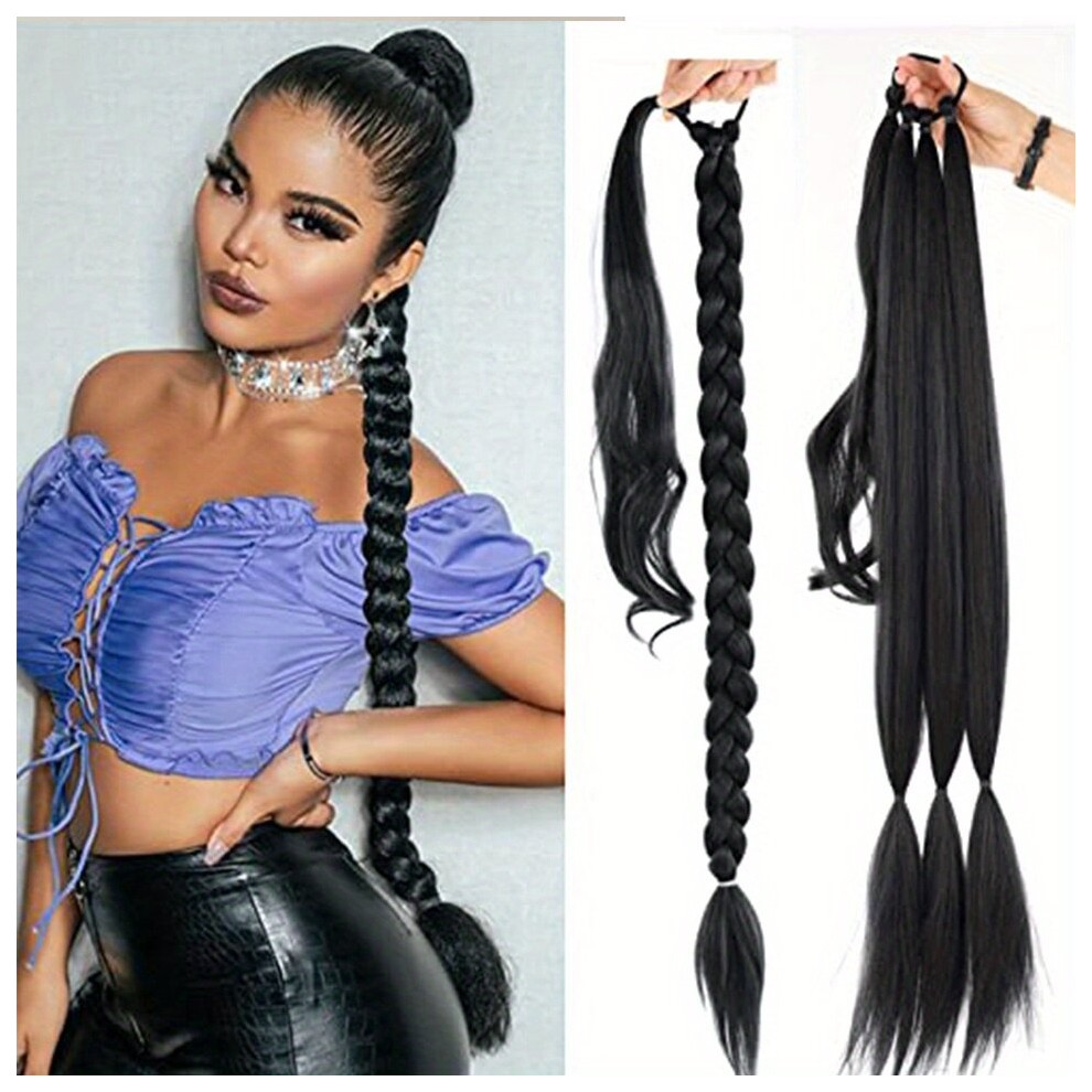 Long Braided Ponytail Extensions With Elastic Rubber Band Wrap Around Braided Hair Extensions Synthetic Natural Looking Hair Piece