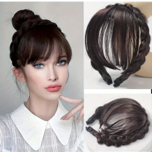 Synthetic Light Brown Hair Extensions with Twist Braid Headband and Fringe Bangs for Women and Girls