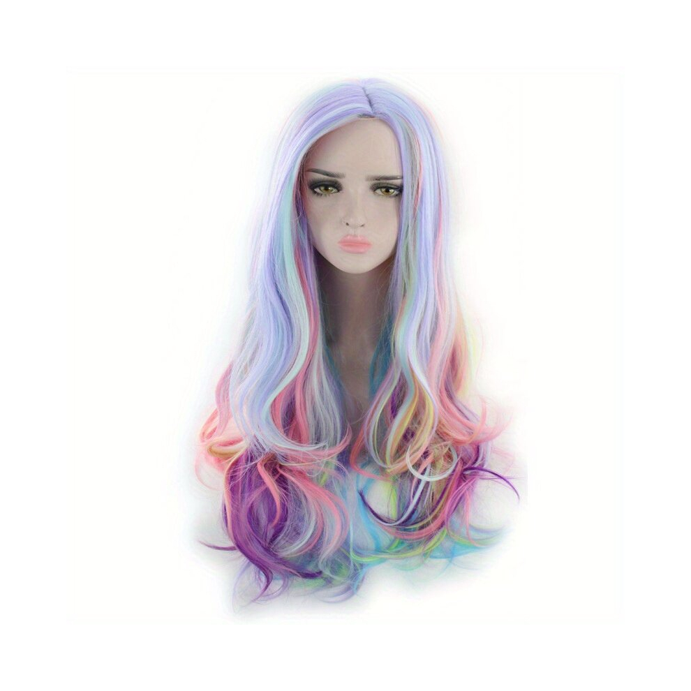 Cosplay Wig Rainbow Highlight Long Curly Synthetic Wig Fashionable For Daily Use Party Cosplay Halloween