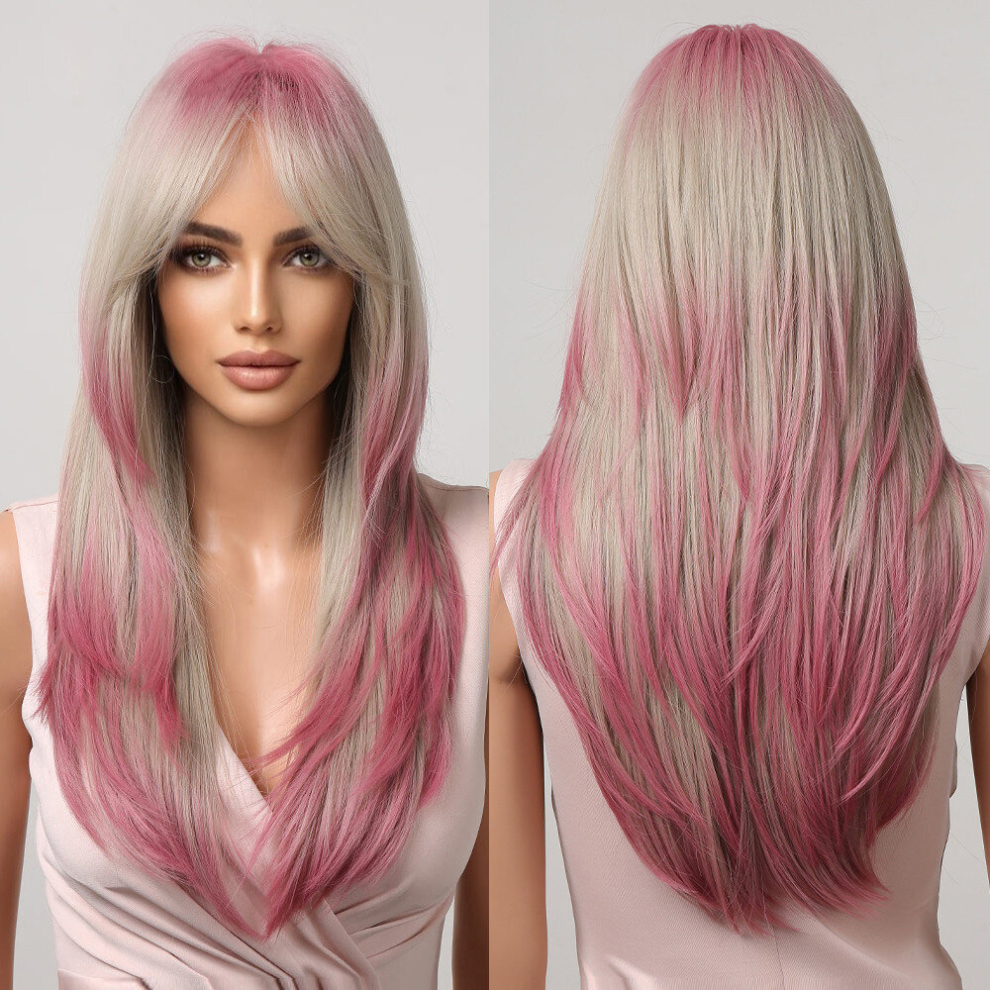 Unisex Multicoloured Long Straight Layered Hair Wigs With Bangs Synthetic Cosplay Wigs Ombre Blonde Pink Wigs For Women Girls