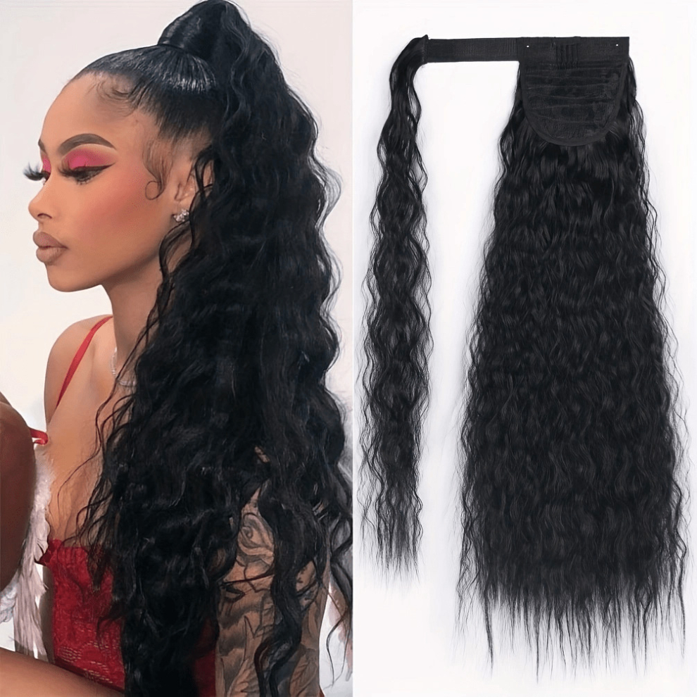 Unisex Black 50 8 Cm Long Corn Wavy Ponytail Extensions With Magic Paste Synthetic Hairpiece For Women Girls Wrap Around Ponytail Hairpieces