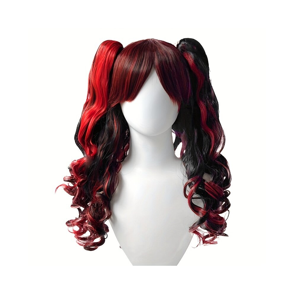 Unisex Multicoloured Costume Wigs Highlight Red Long Wig With Bangs 2 Pigtails Synthetic Wig Cosplay Wig For Halloween Cosplay Party