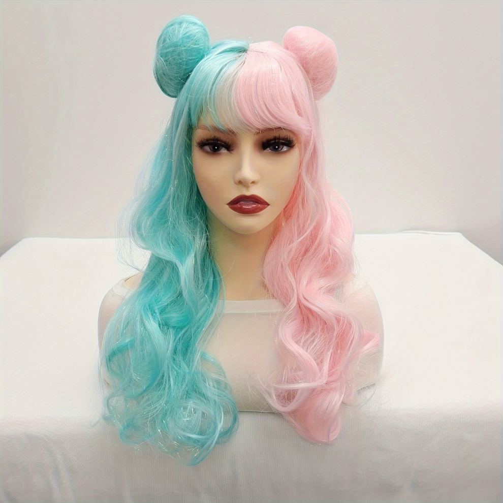 Unisex Multicoloured Costume Wigs Gemini Hair Long Wavy Wig With 2 Hair Bun Synthetic Wig With Bangs Anime Cosplay Wig For Halloween Cosplay Party