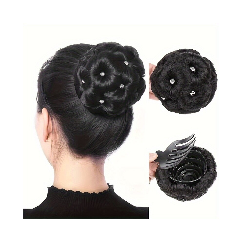 Unisex Black 1Pc Clip In Hair Bun For Women Chignon With Rhinestone Synthetic Tress Claw In Ponytail Hair Extension Updo Hairpiece