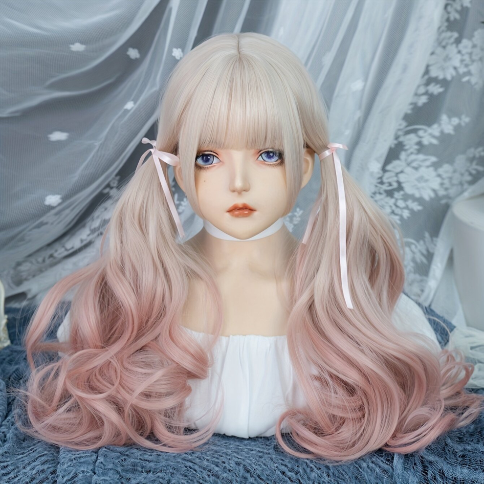 Ombre Long Curly Wavy Wig With Bangs 2 Ponytails Synthetic Wig Beginners Friendly Heat Resistant Costume Wig For Halloween Party