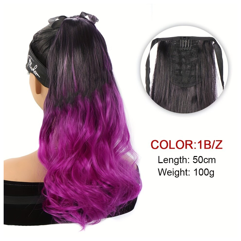 Ponytail With Ribbon Tie Wrapped Around Ombre Long Curly Wavy Ponytail Extensions Synthetic Clip In Hair Extensions Natural Looking For Daily Use