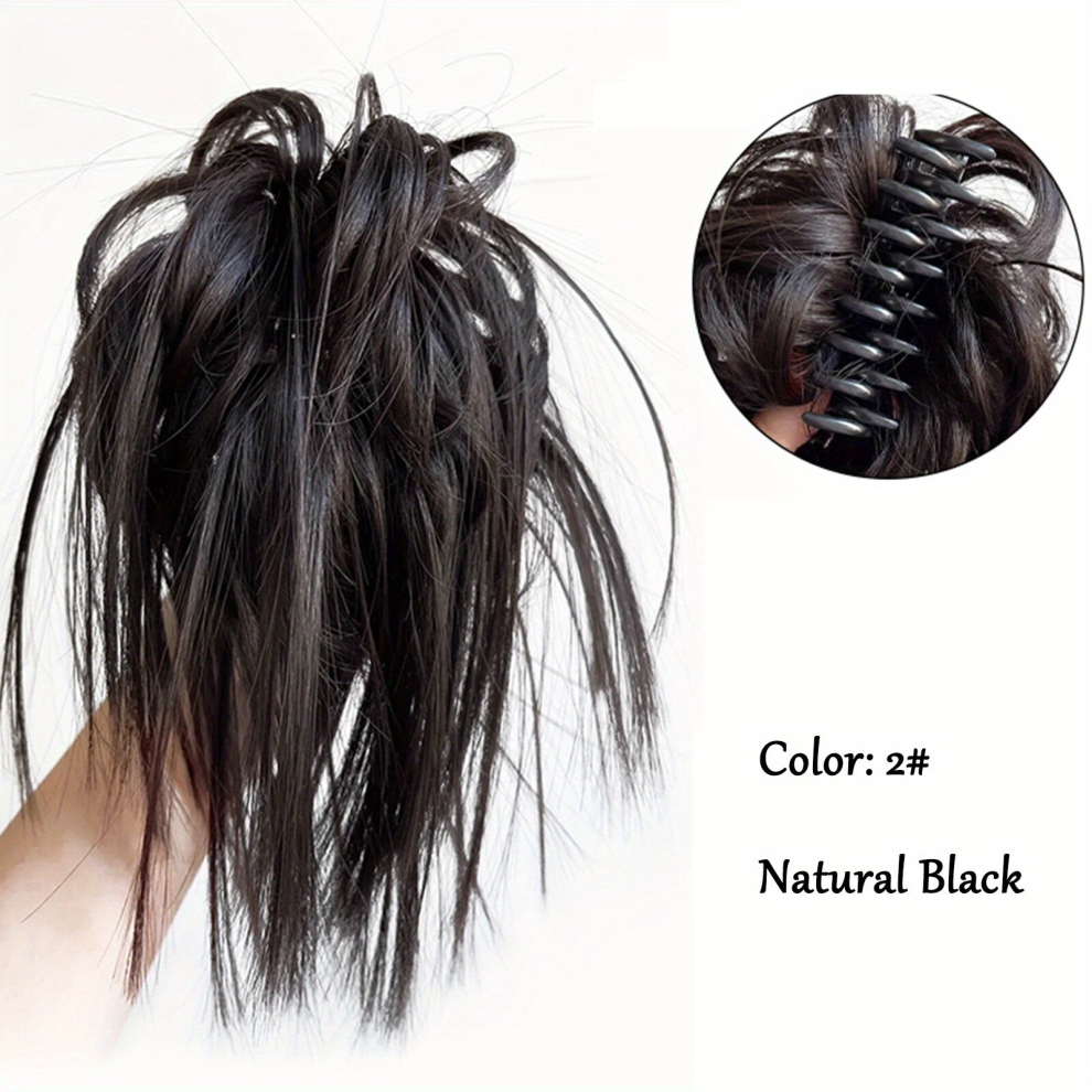 Unisex Black Claw Clip In Messy Bun Hair Piece Straight Hair Bun Clip In Claw Chignon Ponytail Hairpiece Synthetic Tousled Updo Hair Extensions Scrunchie Hairpiece