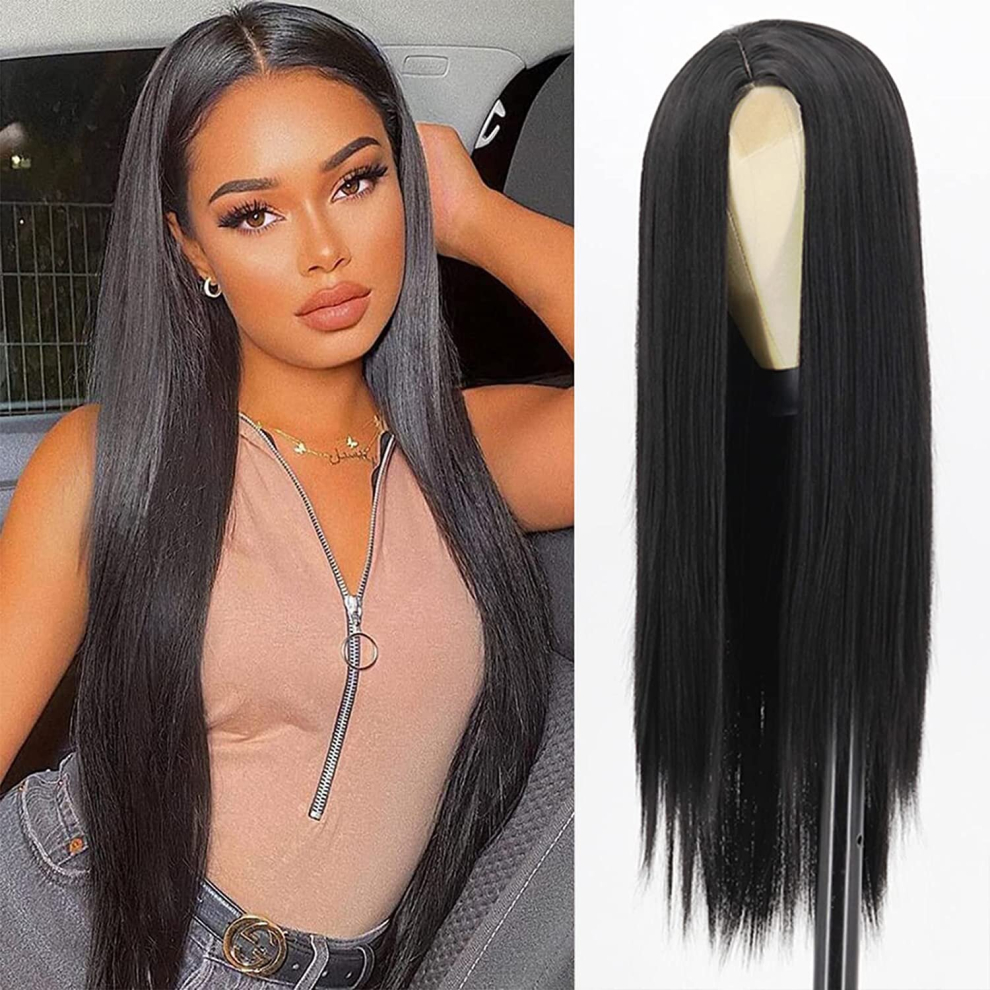 Unisex Black Wigs Synthetic Long Straight Wig Natural Looking Heat Resistant Fiber 28 Inch