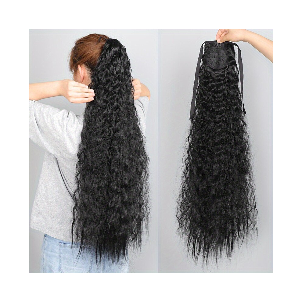 Unisex Black Synthetic Hair Extensions Ponytail Strap With Corn Whiskers Curly Long Ponytail