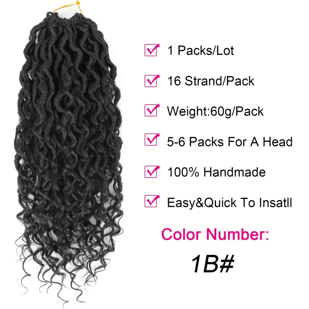 Unisex Black Good Goddess Locs Braids Crochet Hair Extensions Curly Wave Synthetic Hair Extensions 16Pcs Pack