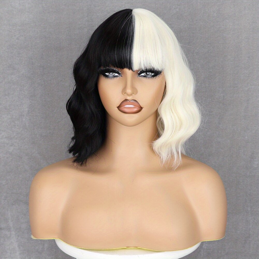 Unisex Multicoloured Two Tone Womens Synthetic Fiber Wigs And Short Wigs Curly Bob Wig With Bangs Girls Cosplay Carnival Party Costume Short Wavy Bob Synthetic Wigs Costu