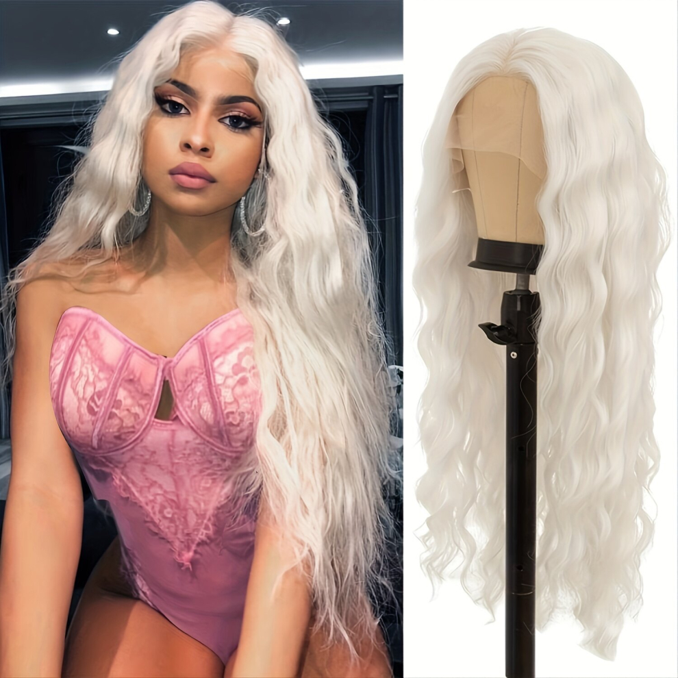 Unisex White Long Wavy Lace Front Wig Synthetic Wigs For Women Middle Part Wig Natural Looking Wig For Cosplay Party Use