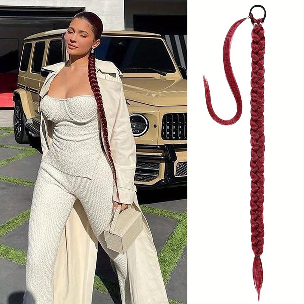 Long Straight Braided Ponytail Extensions with Hair Ties Natural Looking Synthetic Hair Pieces for Women Daily Use Hair Extensions with Bangs