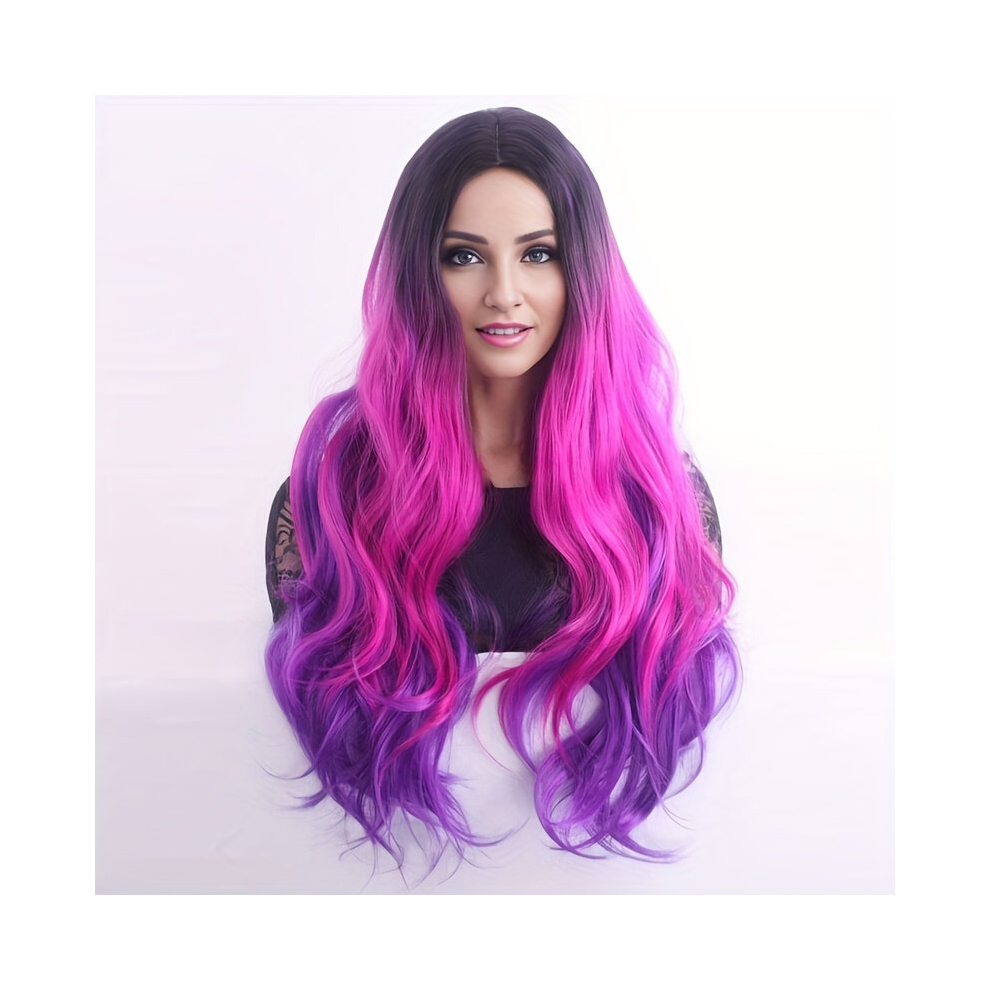 Unisex Multicoloured Ombre Colorful Long Curly Wavy Wig With Bangs Synthetic Wig Costume Wig For Halloween Party