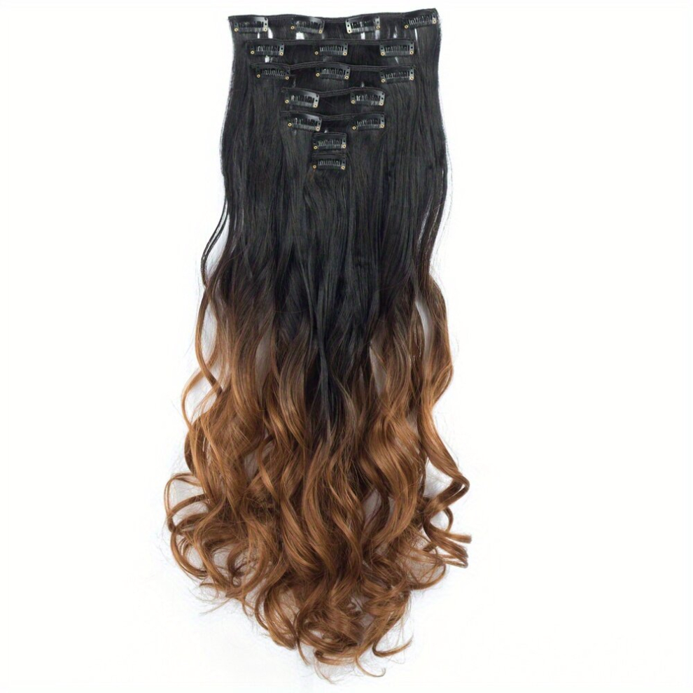 Unisex Brown Ombre 7Pcs Pack Clip In Long Wavy Curly Thick Hairpieces 55 88 Cm Hair Extensions Full Head Synthetic Fiber Double Weft Hair Extensions For Women