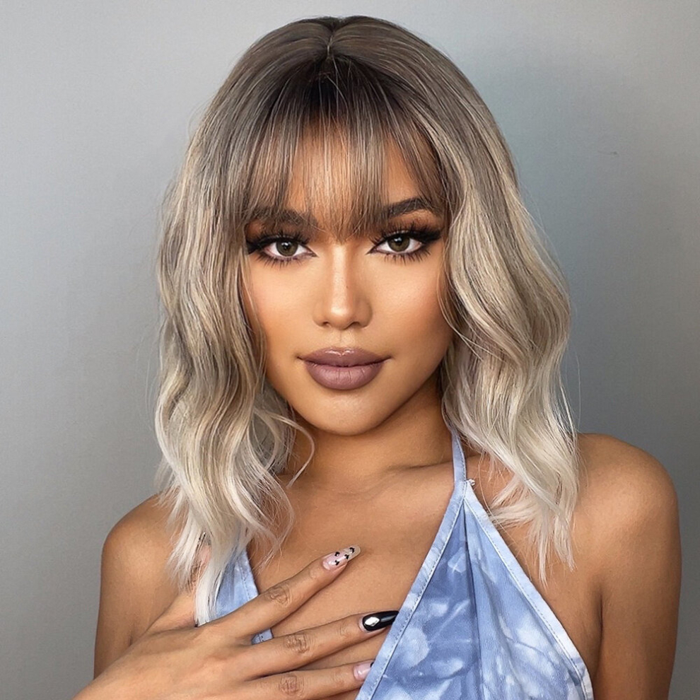 Unisex Multicoloured Short Ombre Golden Curly Wigs With Bangs Wavy Bob Wigs For Women Heat Resistant Synthetic Wigs