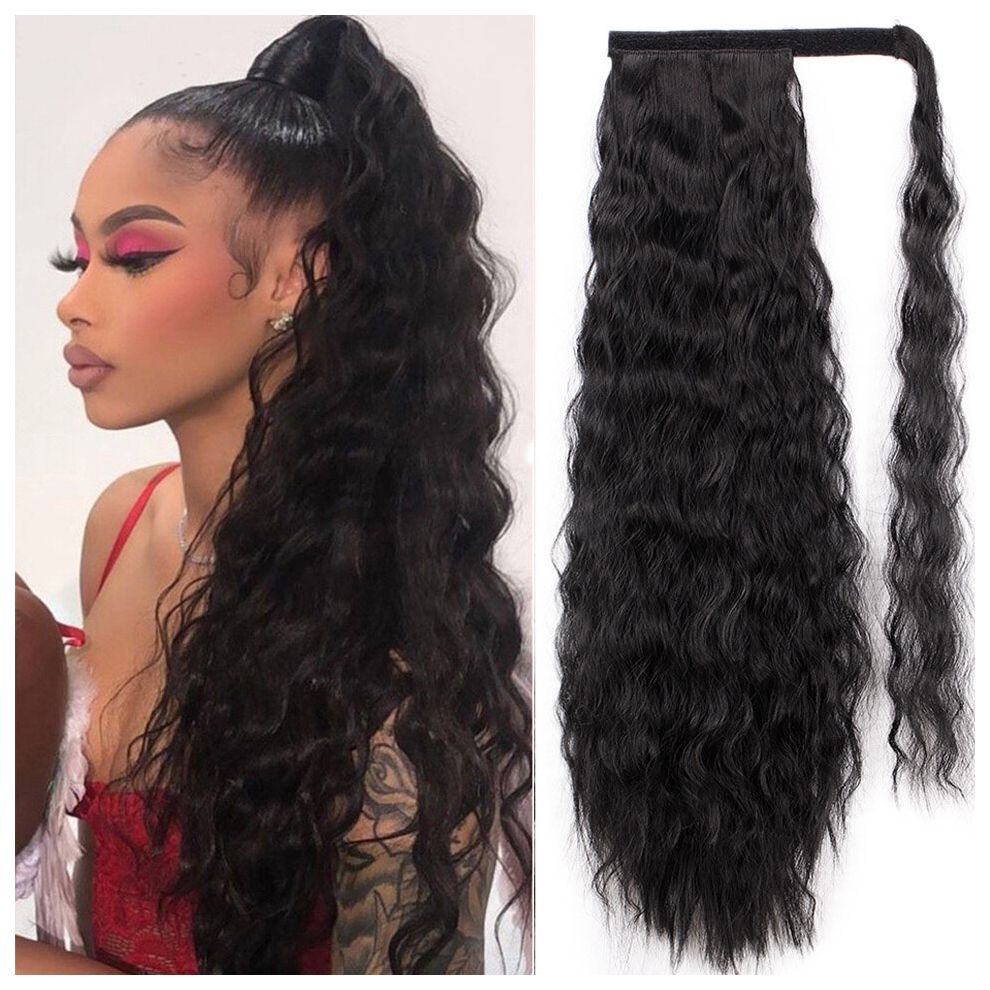 Unisex Black Long Wave Ponytail Wrap Around Synthetic Ponytail Curly Wave Clip In Hairpiece Wave Ponytail For Women