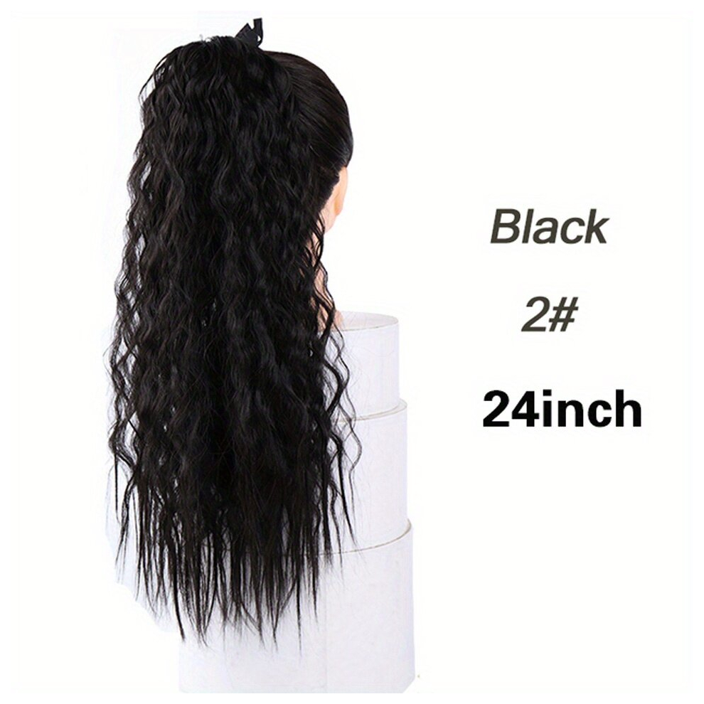 Unisex Black Synthetic Long Curly Wavy Ponytail Hairpiece Wrap Around Hair Extensions For Women Synthetic Fiber Curly Wavy Hair Extensions