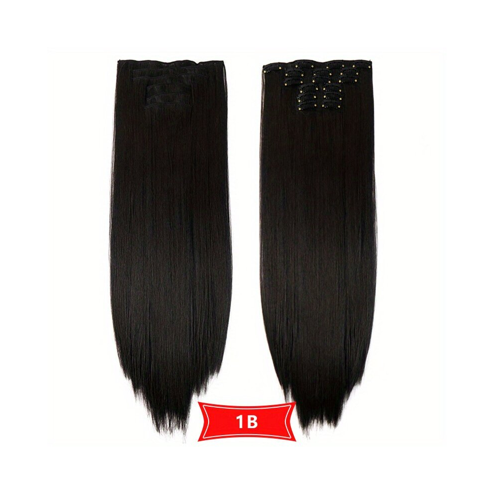 Unisex Black 6Pcs Set Straight Hair Extensions 16 Clips In Synthetic Fiber Hair Extensions Natural Looking Hairpieces