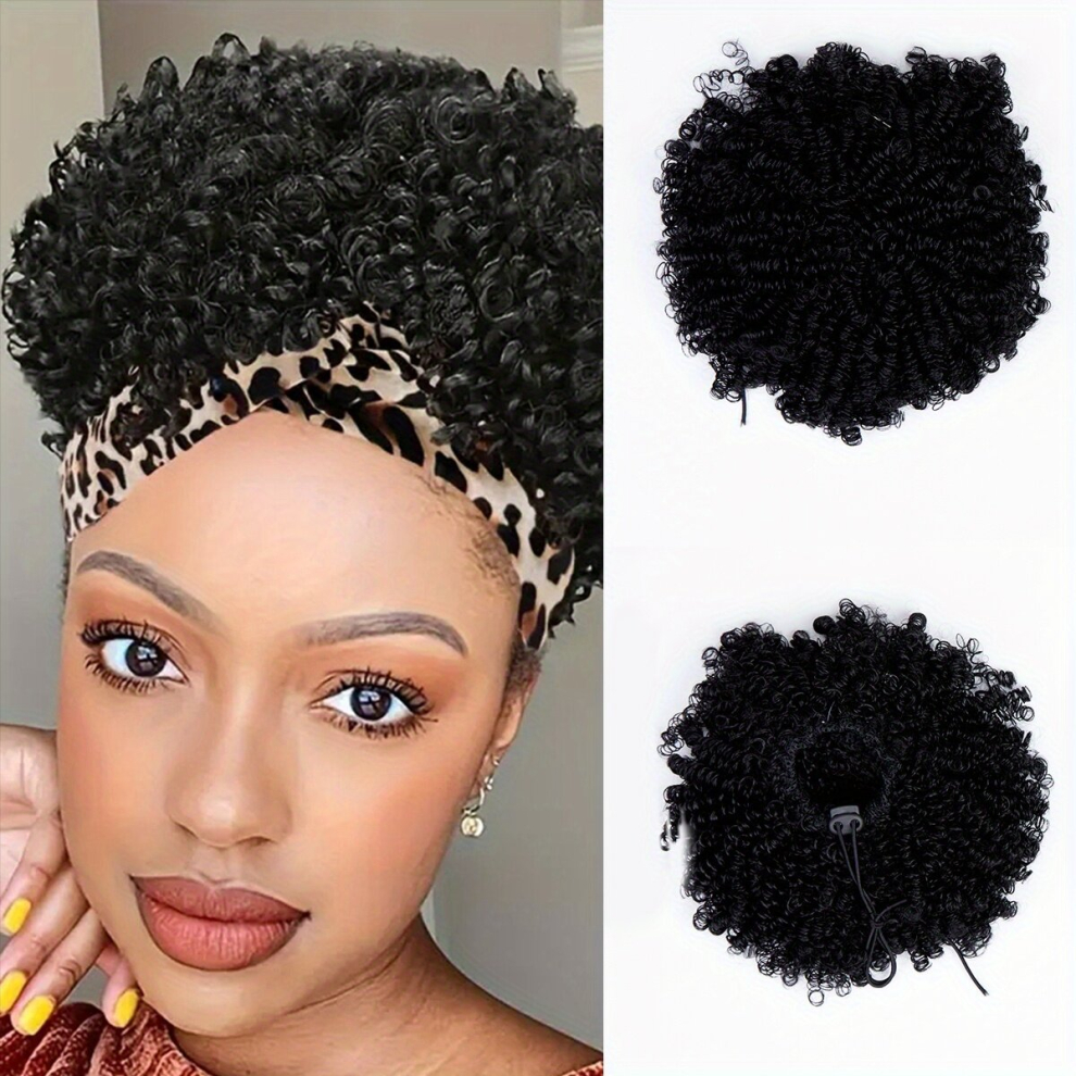 Unisex Black Afro Puff Kinky Curly Drawstring Ponytail Extension For Women Synthetic Short Afro Kinky Curly Afro Bun Extension Hairpieces Updo Hair Extensions With