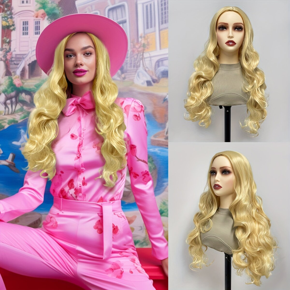 Golden Long Curly Wavy Wig With Bangs Synthetic Wig Beginners Friendly Heat Resistant Costume Wig For Halloween Party