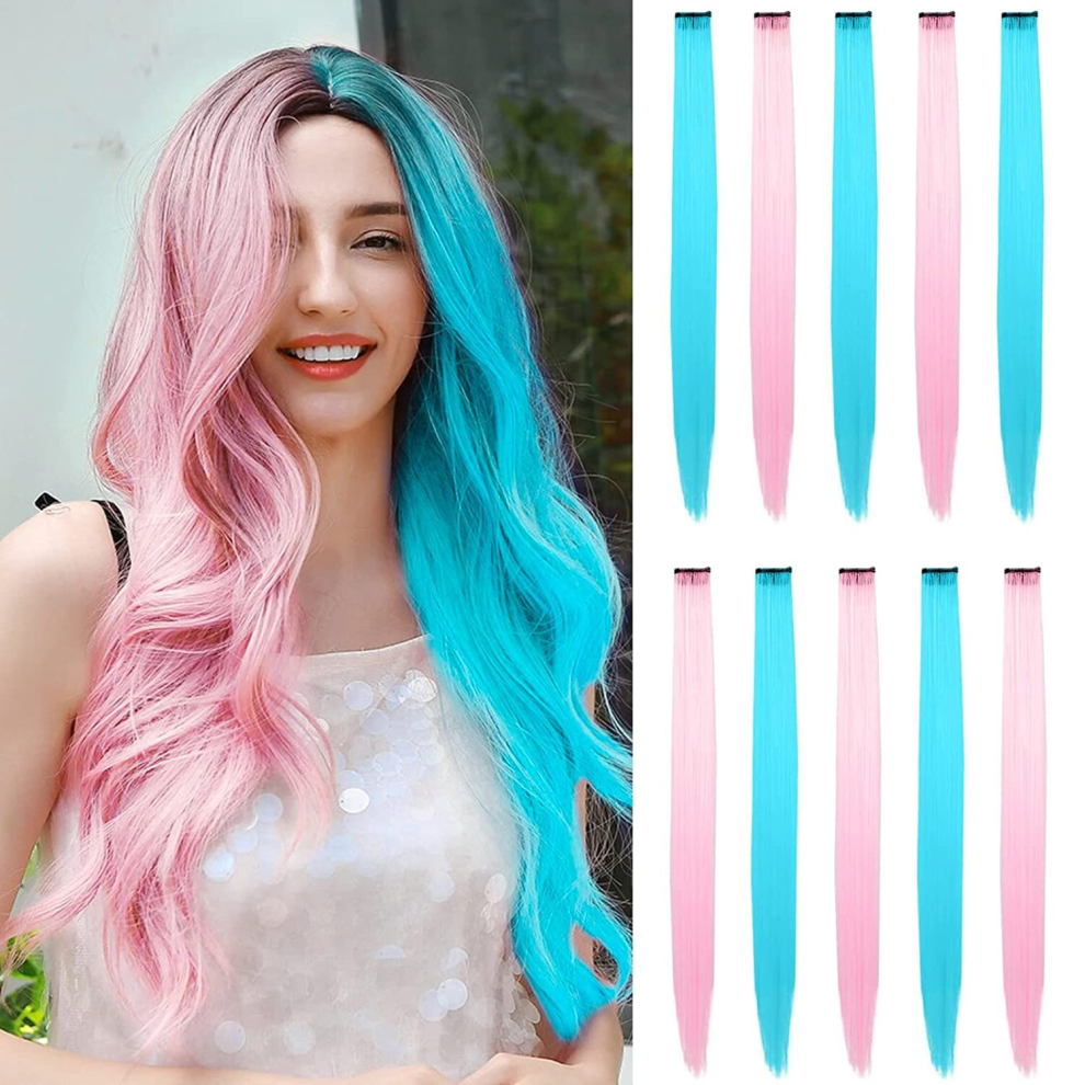 10pcs Colorful Hair Straight Extension Party Highlights Hair Extensions Clip In Straight Synthetic Fiber Hairpieces For Women Girls 55 Pink