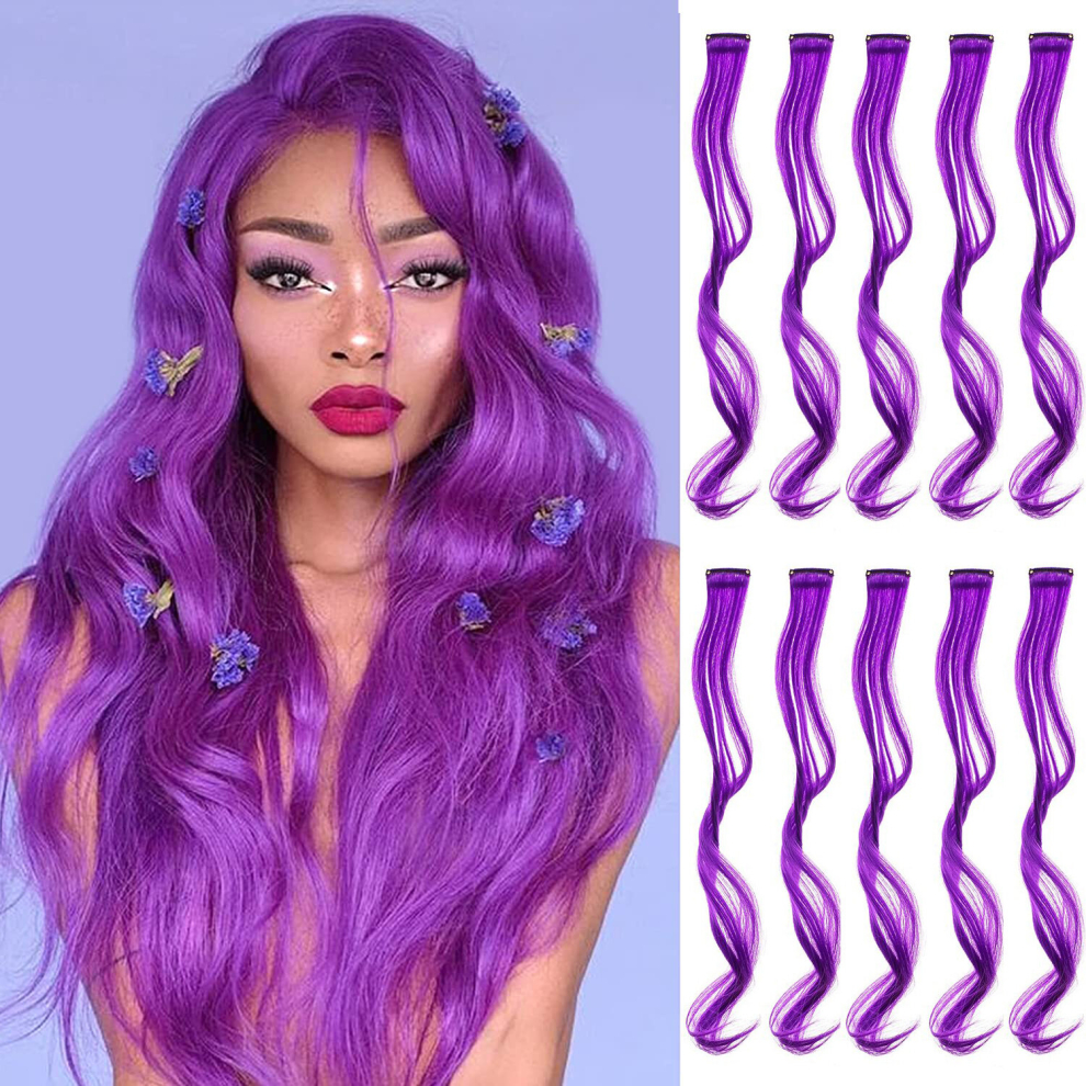 Unisex Purple 10Pcs Set Y2k Long Curly Hair Extensions Party Highlight Colors Wavy Hairpiece Clip In Synthetic Rainbow Hairpieces For Girls Women