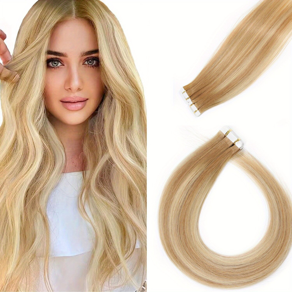 20pcs Tape In Straight Hair Extensions Light Golden Blonde 100 Real Human Hair Extensions Straight Seamless PU Skin Weft Tape In Human Hair Extensions
