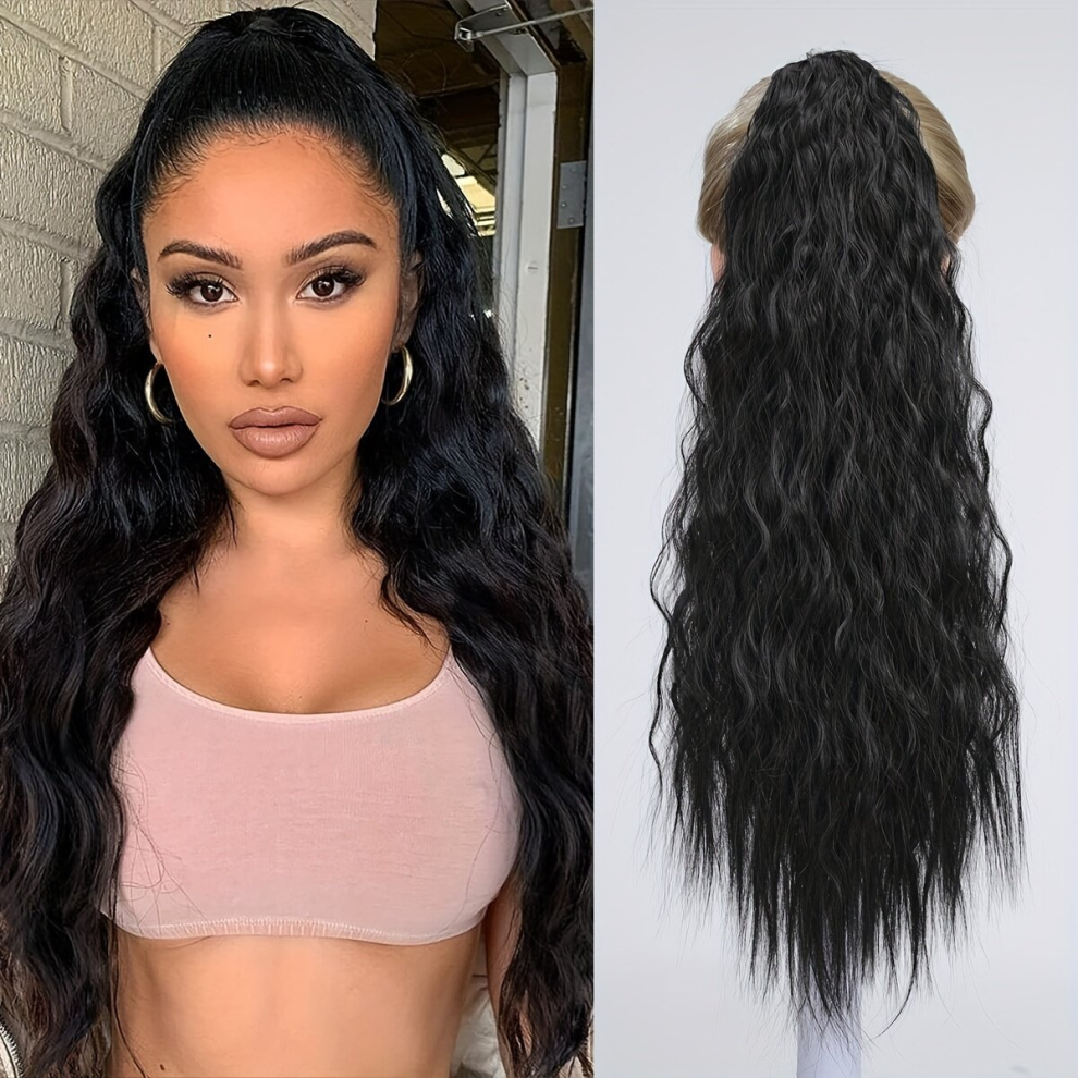 Ponytail With Hair Tie Wrapped Around Highlight Long Wavy Ponytail Extensions Synthetic Clip In Hair Extensions Natural Looking For Daily Use