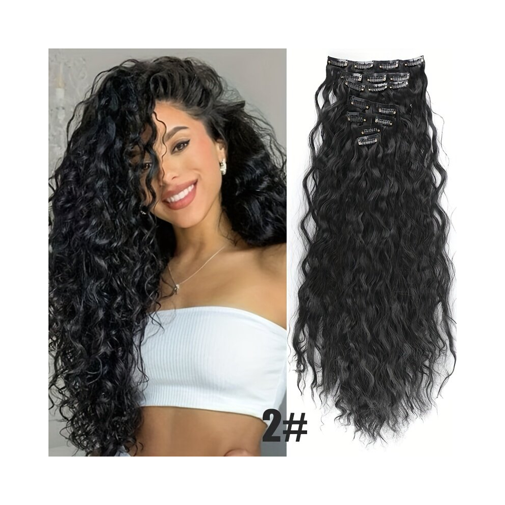 Unisex Black 55 88 Cm Corn Wavy Hair Clip In Hair Extension Natural Wavy Synthetic Wig For Women Wavy Curly Hair Extensions With Clip 7Pcs