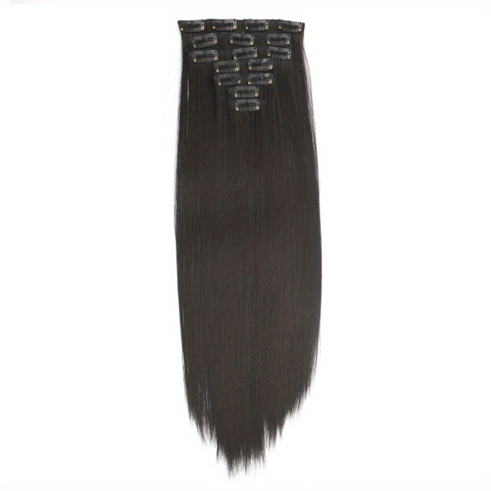 Unisex Black 55 88 Cm Long Straight Clip In Hair Extensions For Women 7 Pieces Set Hairpieces Heat Resistant Synthetic Fiber Double Weft Hair Extensions