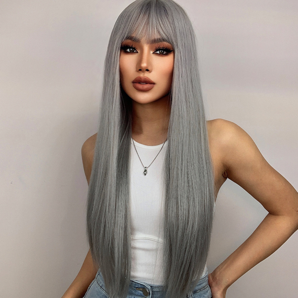 Heat Resistant Gray Wig with Bangs 28 Inch Straight Synthetic Wig for Fashionable Women