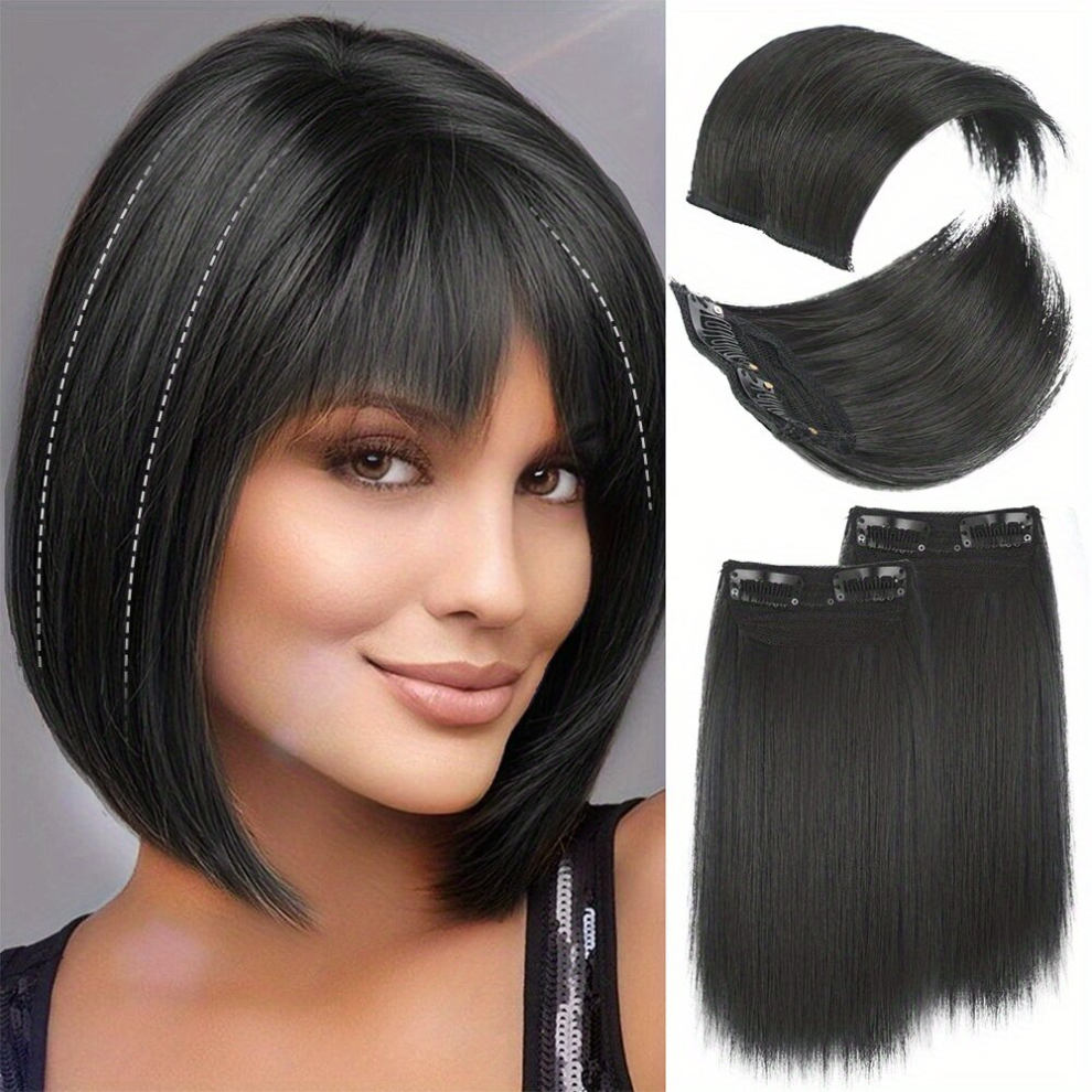 Unisex Black 4 Pcs Hair Toppers For Women Synthetic Clips In Hair Topper Invisible Clips In Hair Extension With Thinning Hair Adding Hair Volume Hairpieces For Dai