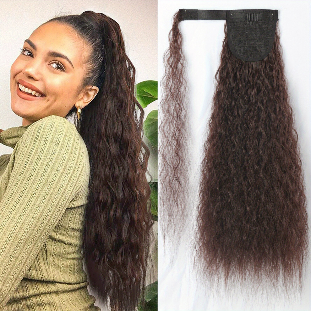 Unisex Multicoloured Long Corn Wave Ponytail Extensions With Magic Paste Heat Resistant Wavy Synthetic Wrap Around Ponytail Hairpiece For Women