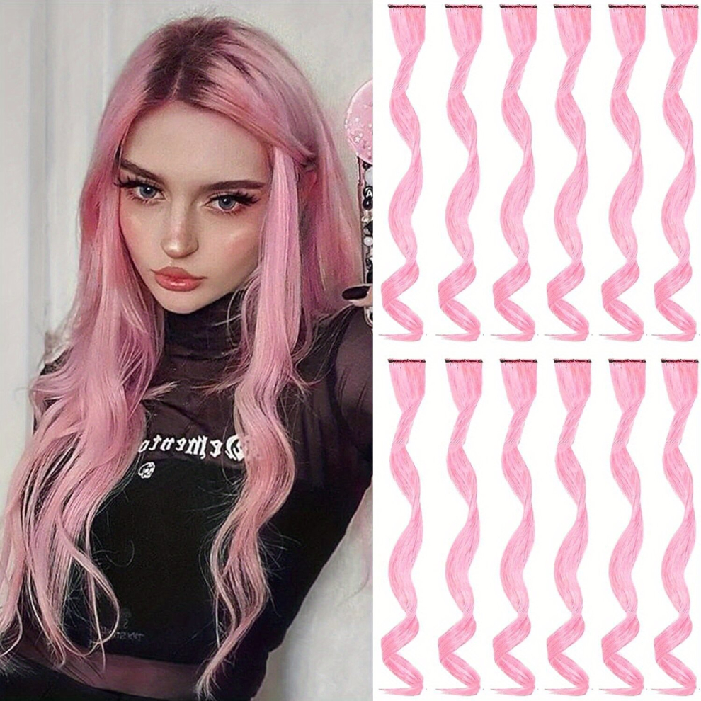 Unisex Pink 12Pcs Set Y2k Long Curly Hair Extensions Party Highlight Colors Wavy Hairpiece Clip In Synthetic Rainbow Hairpieces For Girls Women