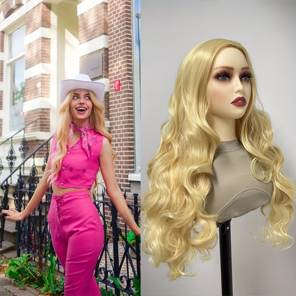 Golden Long Curly Wavy Wig With Bangs Synthetic Wig Beginners Friendly Heat Resistant Costume Wig For Halloween Party